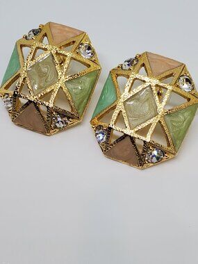 1980's AVON Pastel Octagon Gold Enamel Rhinestone Pierced Chunky Large Earrings